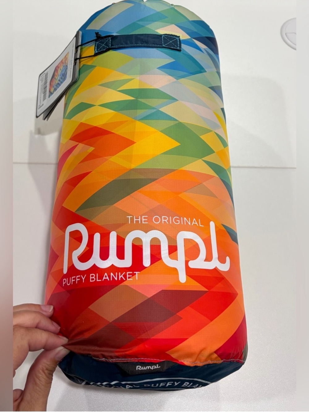 Rumpl Original Puffy Blanket Geo Fresh NWT Red Yellow Blue Puffer Stuff Sack